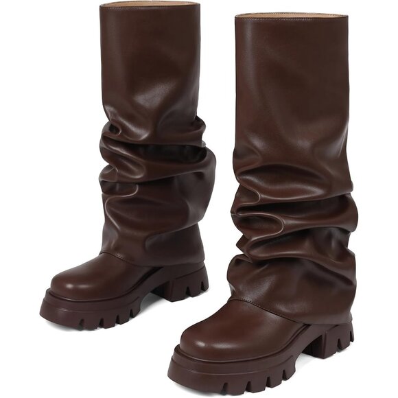 Women's Brown Fold Over Boots Slouchy Boots Wide Calf Pleated Platform Boots - Picture 4 of 7